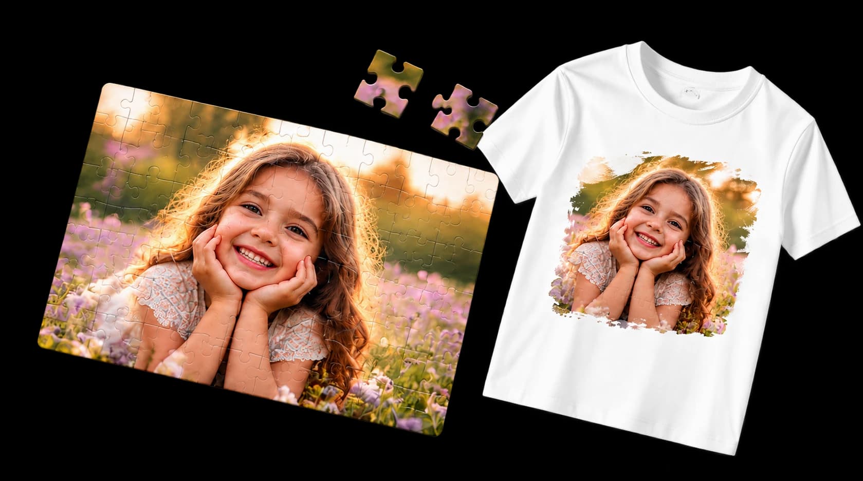 The original girl’s photo printed on a puzzle and T-shirt without a themed design