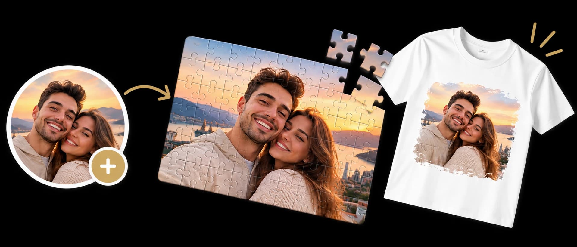 A couple’s photo printed on a puzzle and T-shirt, with an arrow showing the personalization