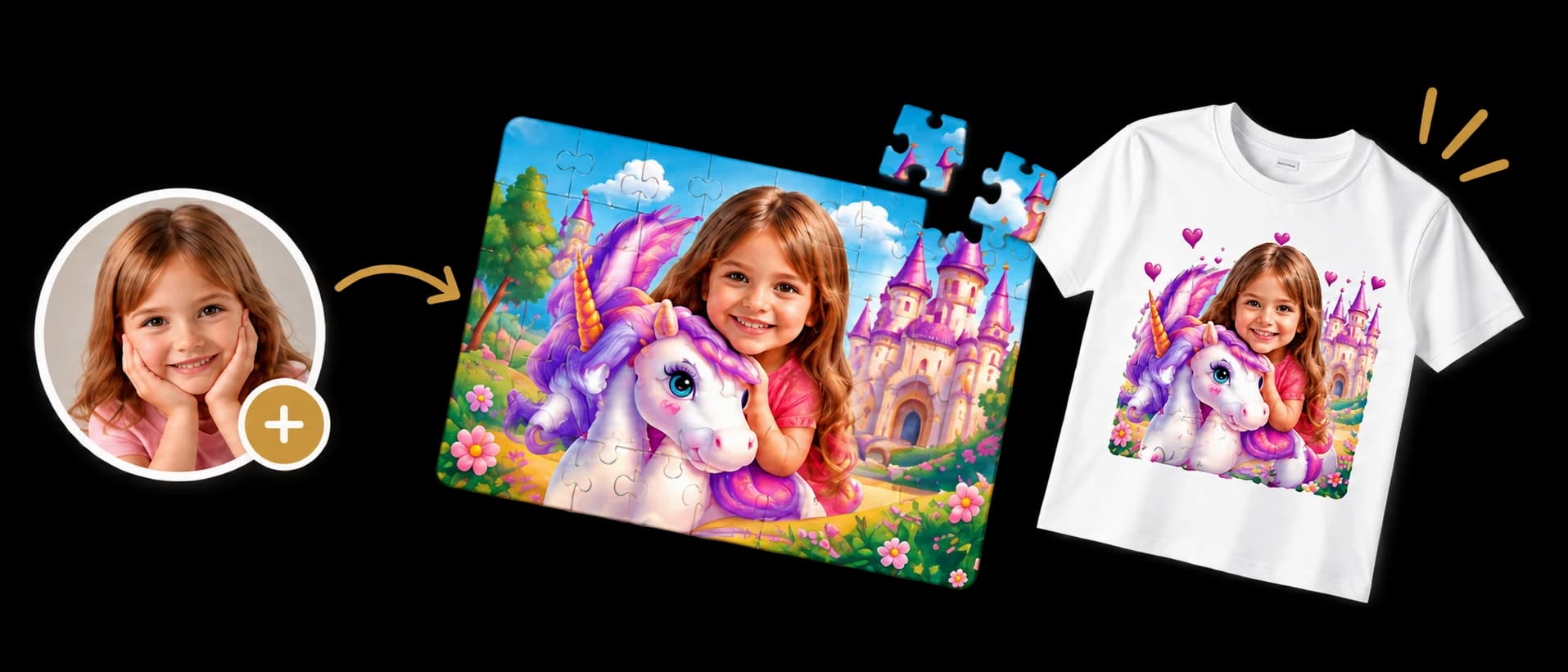 A girl’s photo transformed into a unicorn design on a puzzle and T-shirt